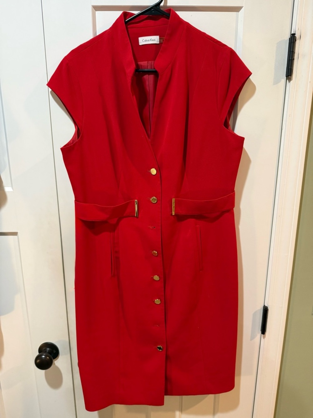 Calvin Klein Red Sleeveless Tailored Button-Front Midi Dress